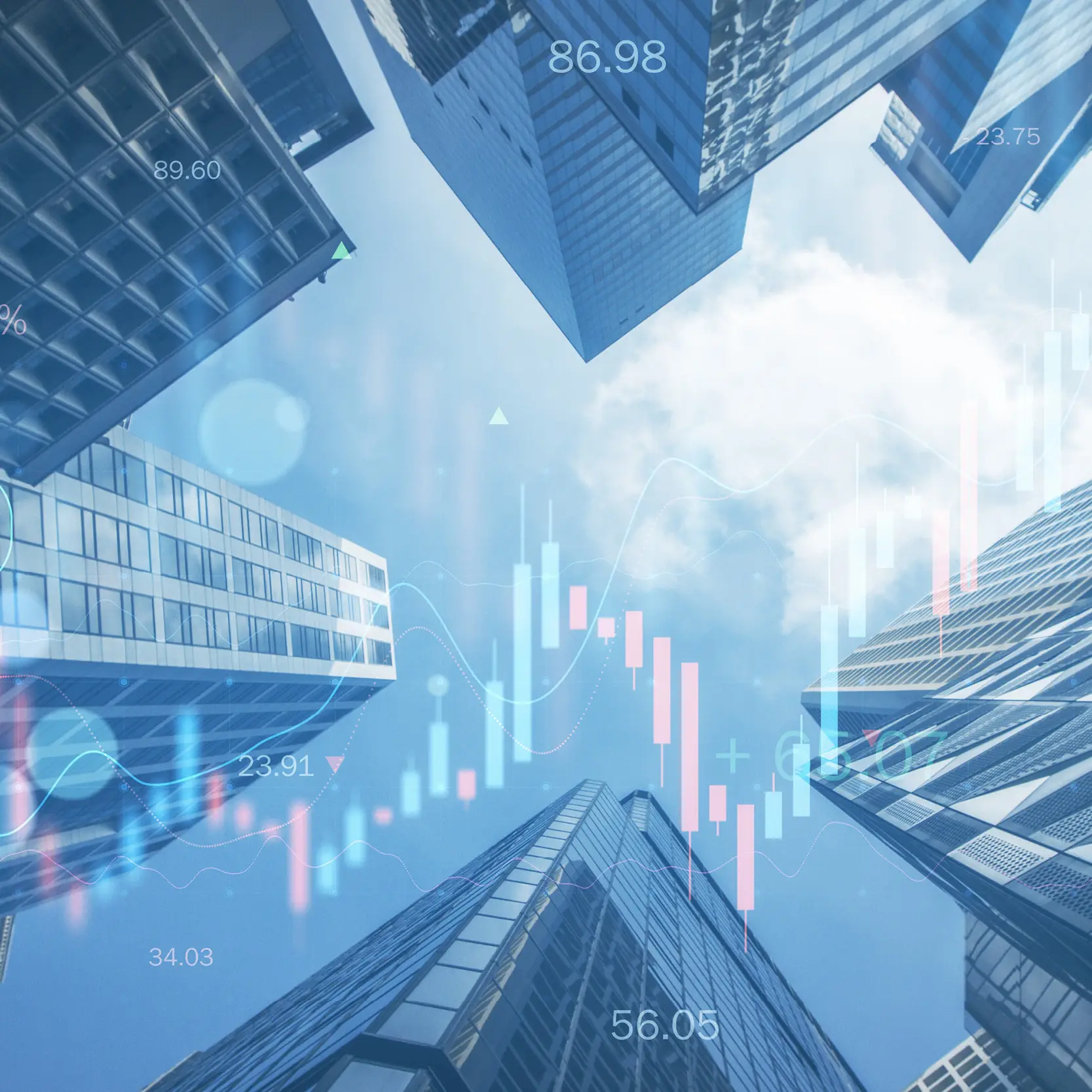 Modern financial district with stock market data overlays representing AI-driven financial analytics